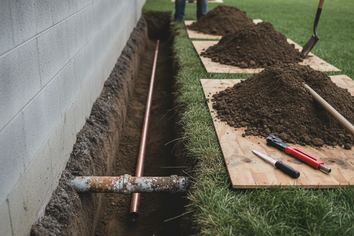 Excavated water line trench during Water Softener Installation in Lindsay